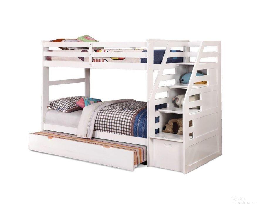 Twin over twin white bunk with stairs and trundle unit